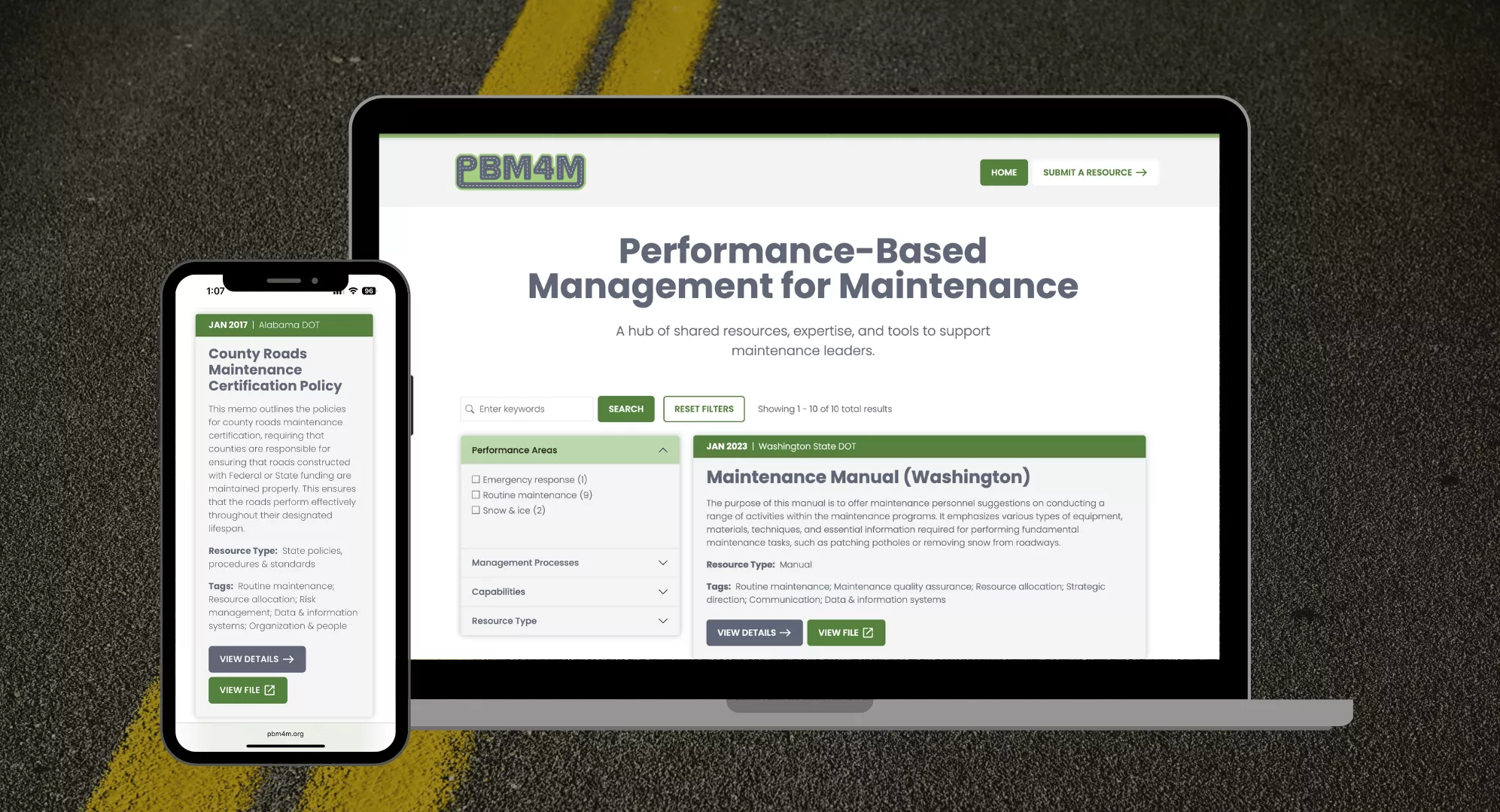 mobile phone and laptop computer displaying the homepage of the PBM4M website over a road pavement textured background