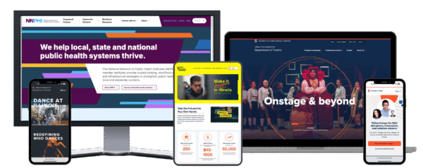 screenshots of various website homepages displayed across monitor, tablet, laptop and smart phone devices