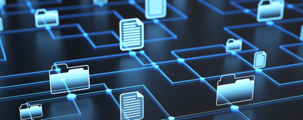 illustration of document icons and file folder icons connected by a network of illuminated lines