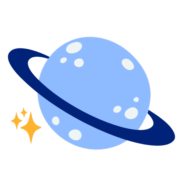 blue illustrated ringed planet with gold sparkles